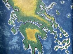 Eine gemalte Darstellung von Landmassen, die von Wasser umgeben sind.